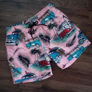 Psycho Tuna Mens Swim Shorts, Retro Cars/Tropical Print, Quick Dry, Size Small